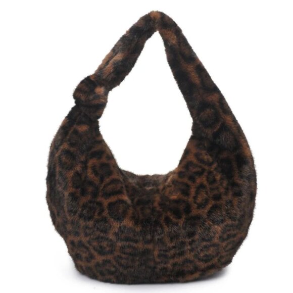 NEW Leopard Faux Fur Hobo Bag Cecilia Designer Inspired Vegan Shoulder Bag - Picture 1 of 4